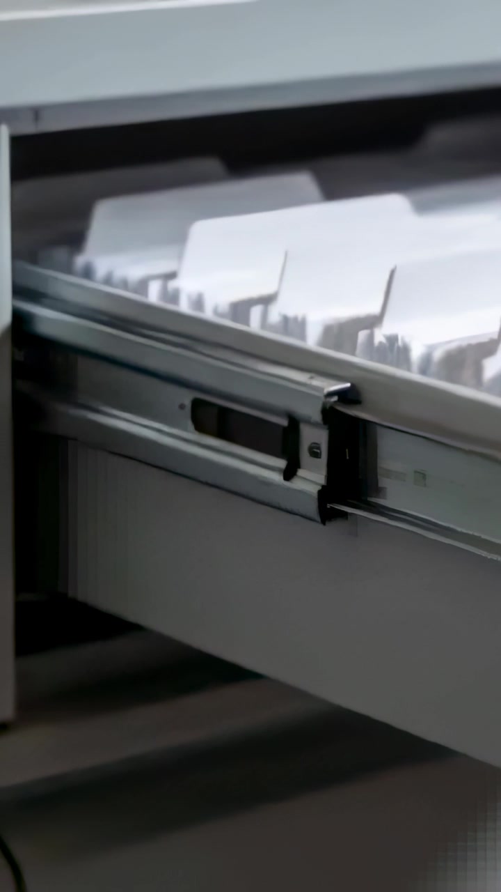 Vertical video: Sliding metal drawer after push in office, closing to secure files, tabs, rails