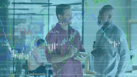 animation of statistics and data processing over business people