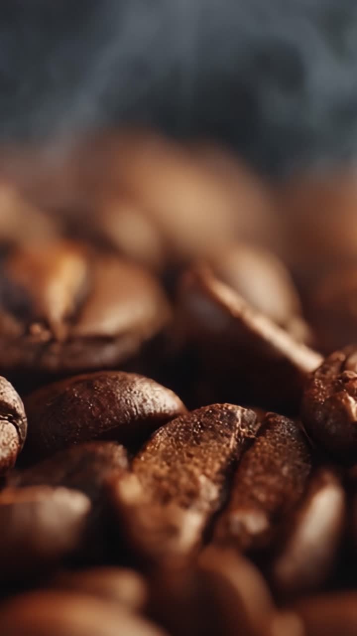 Et nærbillede af rige, aromatiske kaffebønner, der udstråler damp og smag, der fanger essensen af friskristet kaffe i høj detaljegrad og tekstur