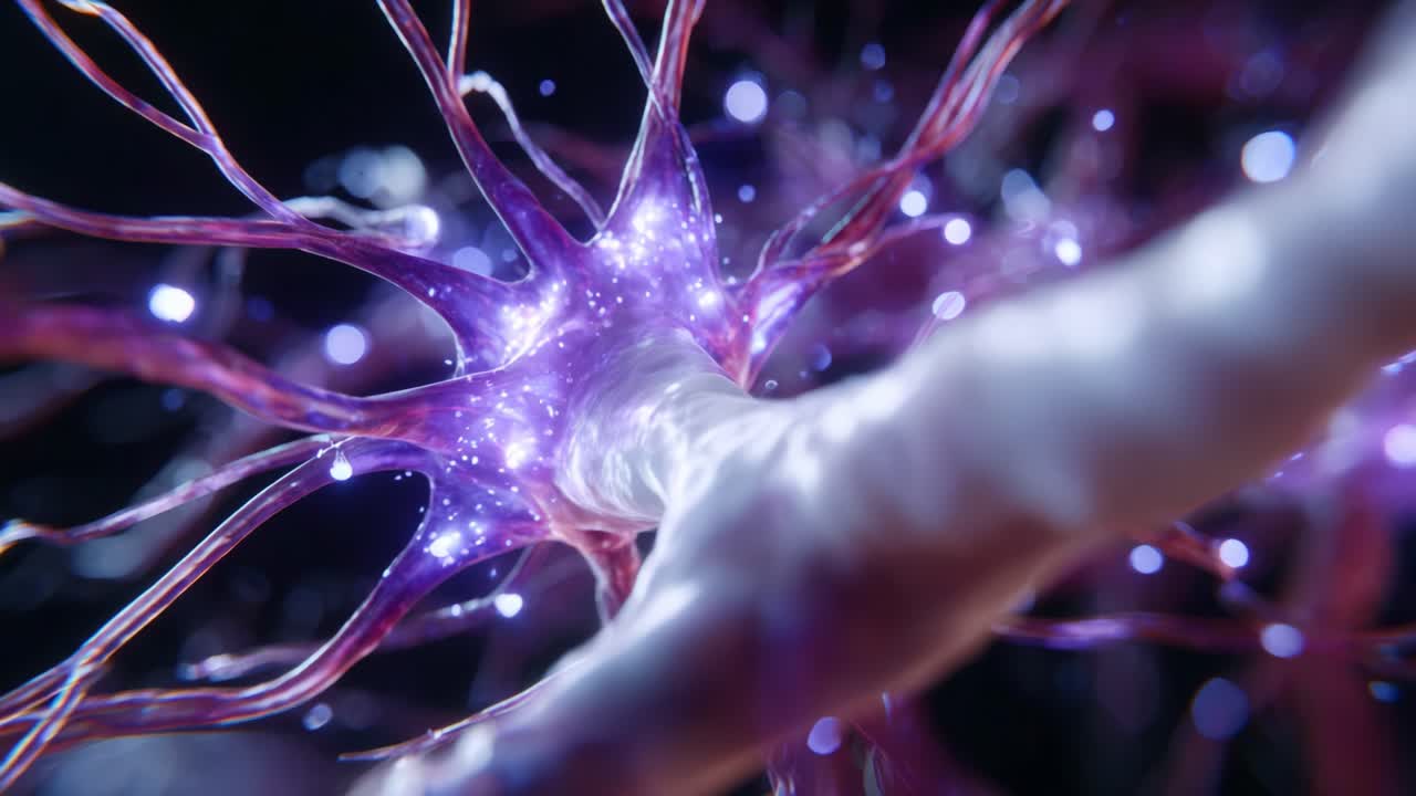 A Stunning Close-Up of a Neuron Highlighting Its Structure and Electrical Activity in a Mystical, Pulsating Visualization of Neural Connections in Action