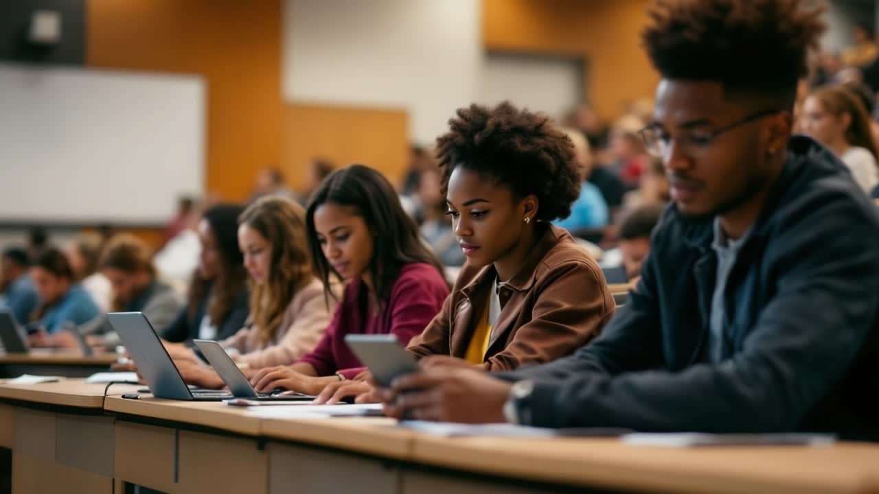Students in a Lecture Hall Using Laptops and Tablets