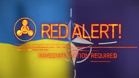 animación del texto de alerta roja y el símbolo sobre las banderas de ucrania y la otan