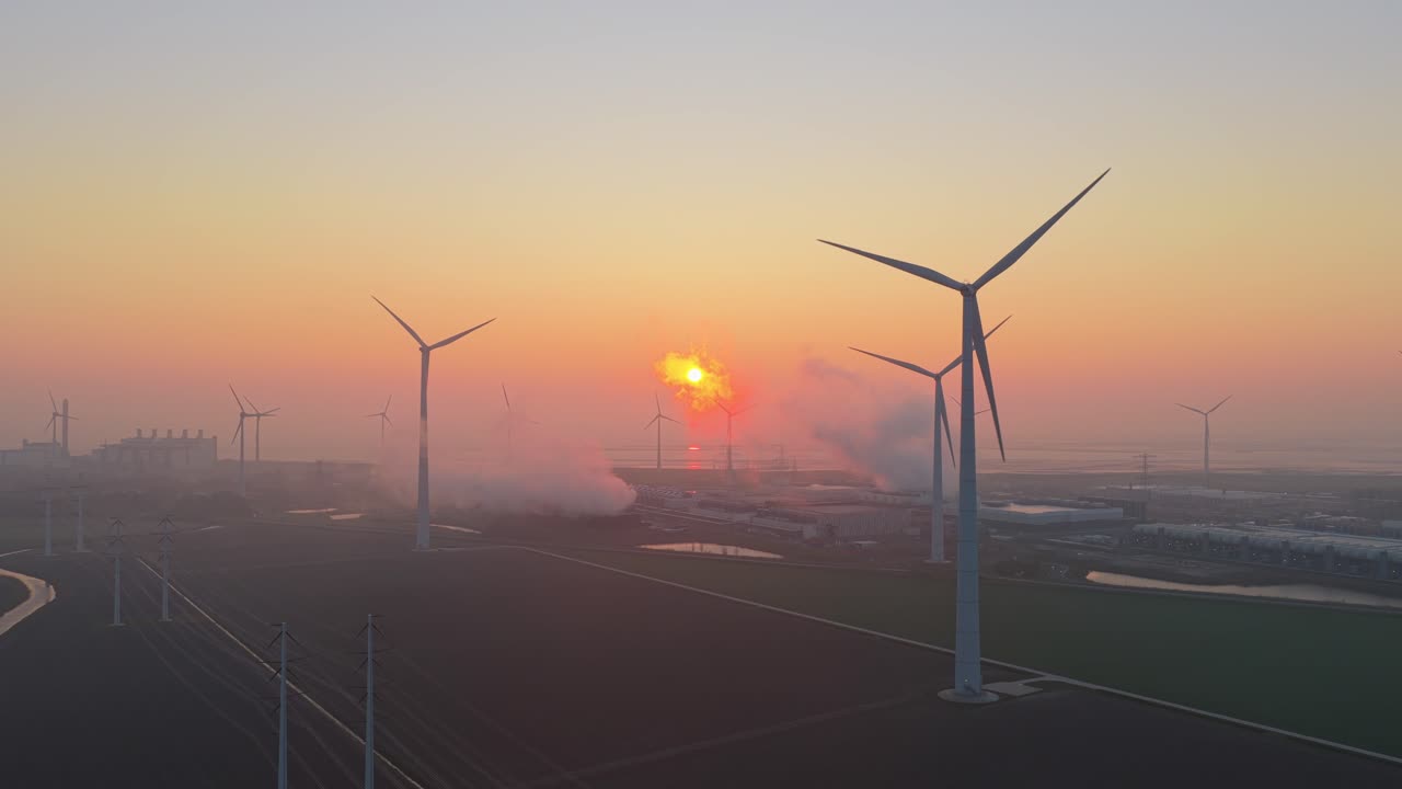 日出時分附有風力發電機的Google數據中心