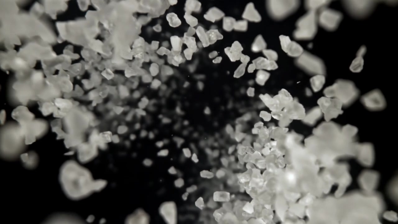 Ripresa macro di cristalli di sale bianco che cadono su sfondo nero