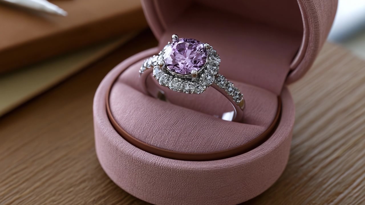 Esposizione elegante di un bellissimo anello di fidanzamento con zaffiro rosa incorniciato da diamanti scintillanti, perfetto per celebrare amore e impegno in una presentazione lussuosa.