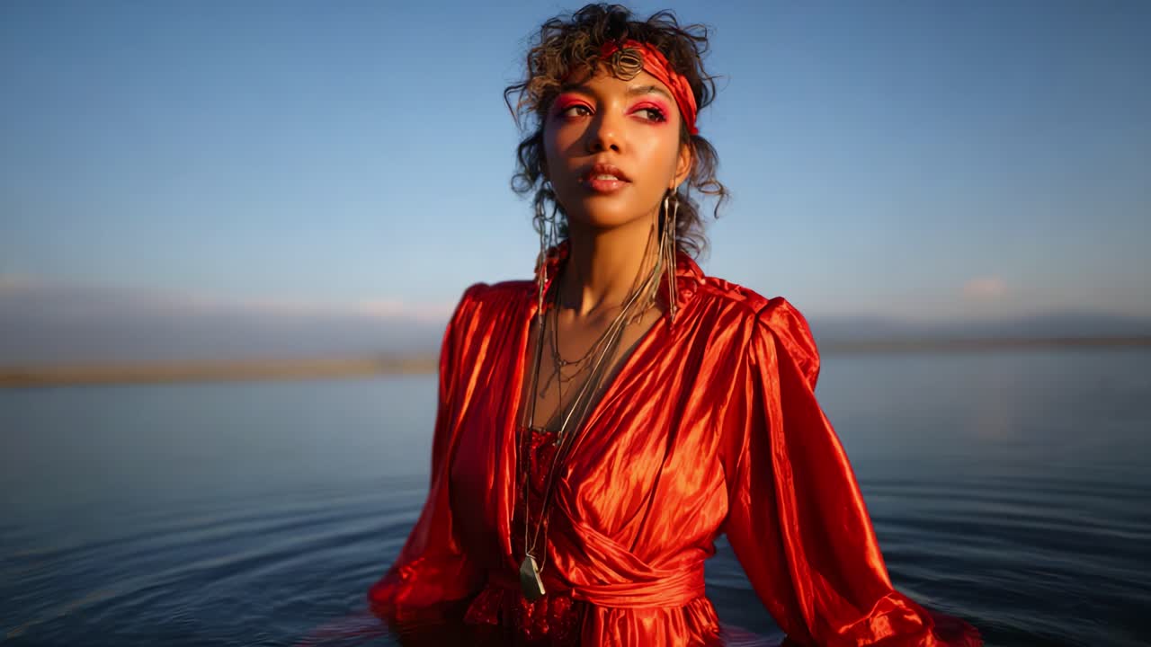 A Captivating Portrait of a Woman in an Orange Dress Posing Gracefully in Calm Waters Under a Clear Blue Sky, Radiating Confidence and Charm