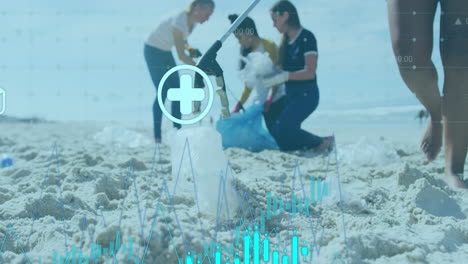 cleaning beach, people collecting trash, health and environmental data animation over scene