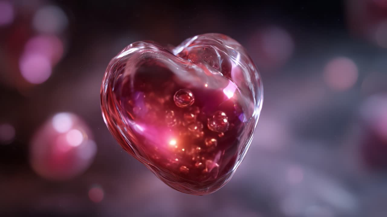 Un cuore raggiante che si forma e brilla in uno spazio etereo, circondato da particelle luminose e uno sfondo onirico, che simboleggia l'amore e l'emozione