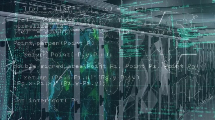 Animation of world map and data processing over server room