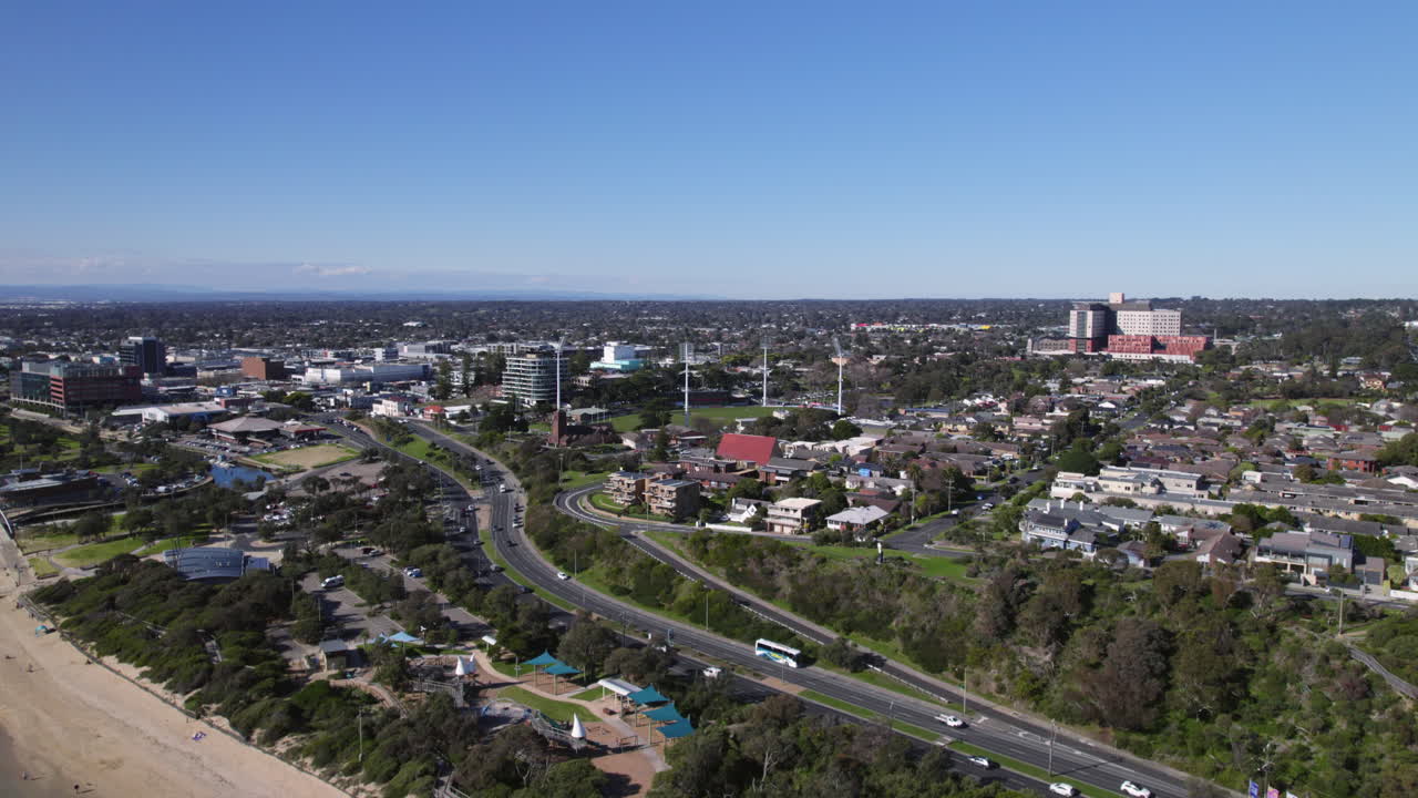 Establishing aerial view of Frankston suburb, Victoria, Australia
