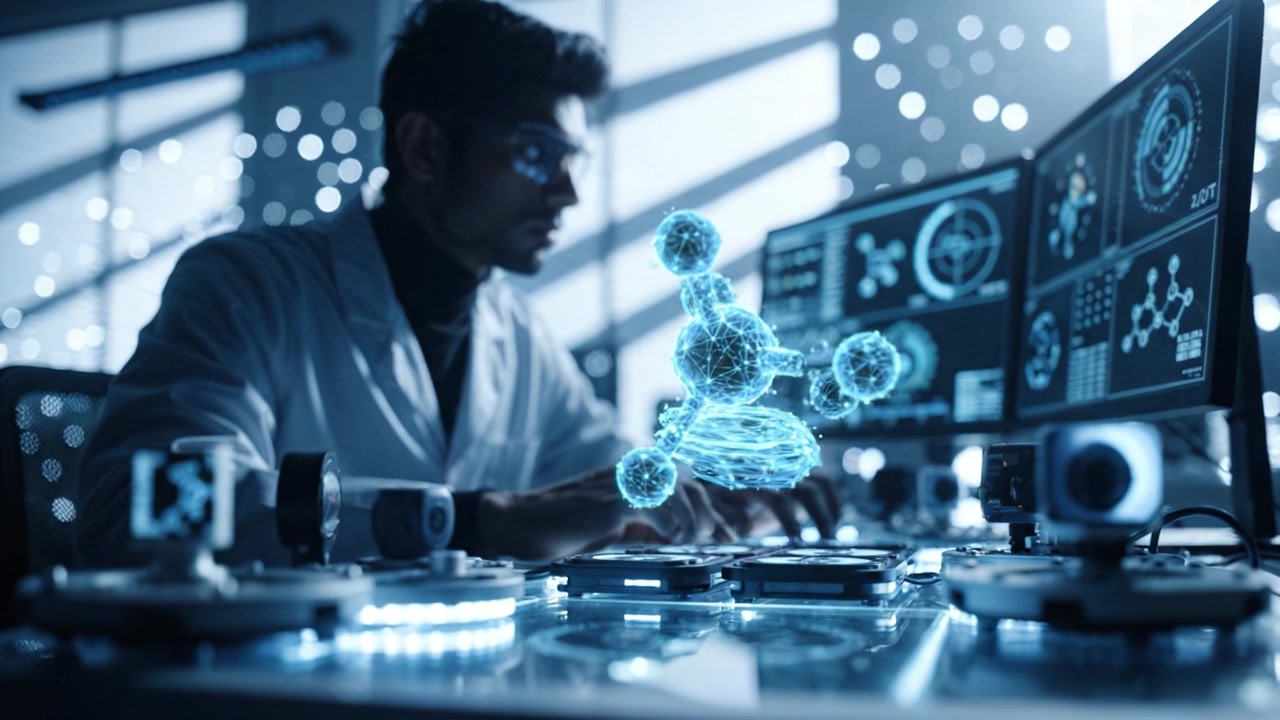 A scientist in a modern laboratory working diligently on molecular simulations, surrounded by advanced technology and glowing digital displays related to molecular structures.