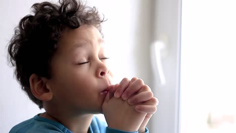 little boy praying to god with hands together stock video stock footage