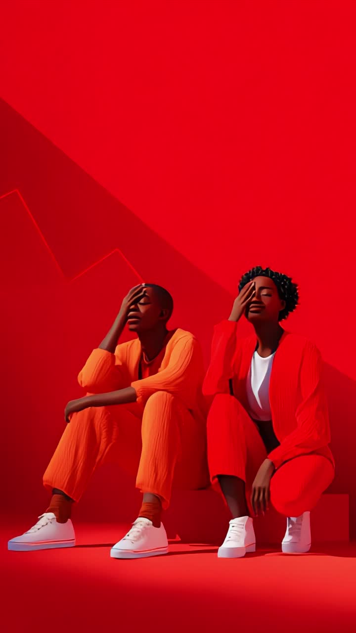 Stylish Duo in Bold Red Outfits Pondering Life's Challenges Against a Dramatic Red Backdrop with Minimalist Lines and Expressions of Contemplation and Reflection
