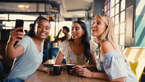 group of female friends meeting up in restaurant or coffee shop posing for selfie on mobile phone
