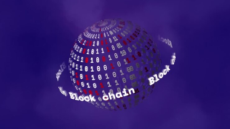 Animación de cadena de bloques con globo de codificación binaria y procesamiento de datos sobre un fondo morado