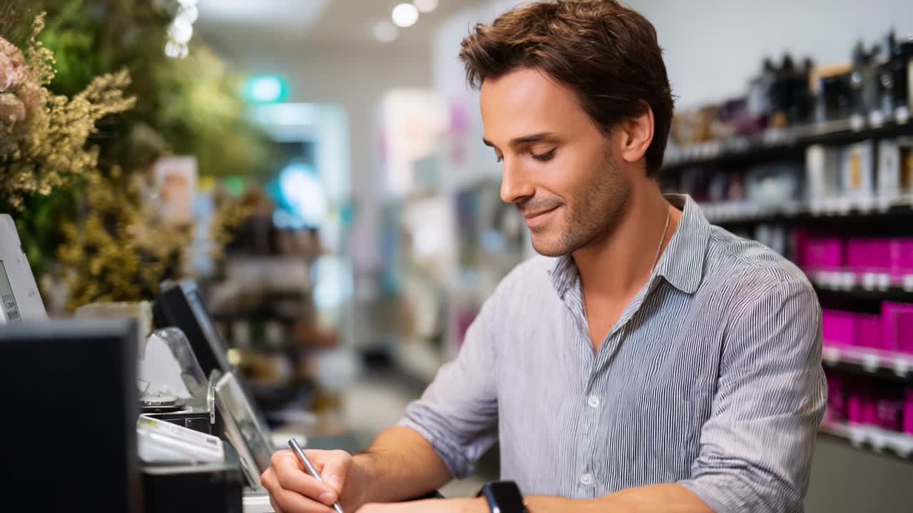 A cheerful young man engaged in a creative activity, focused on writing or sketching at a sales counter, surrounded by an array of colorful products and an inviting ambiance in a retail space