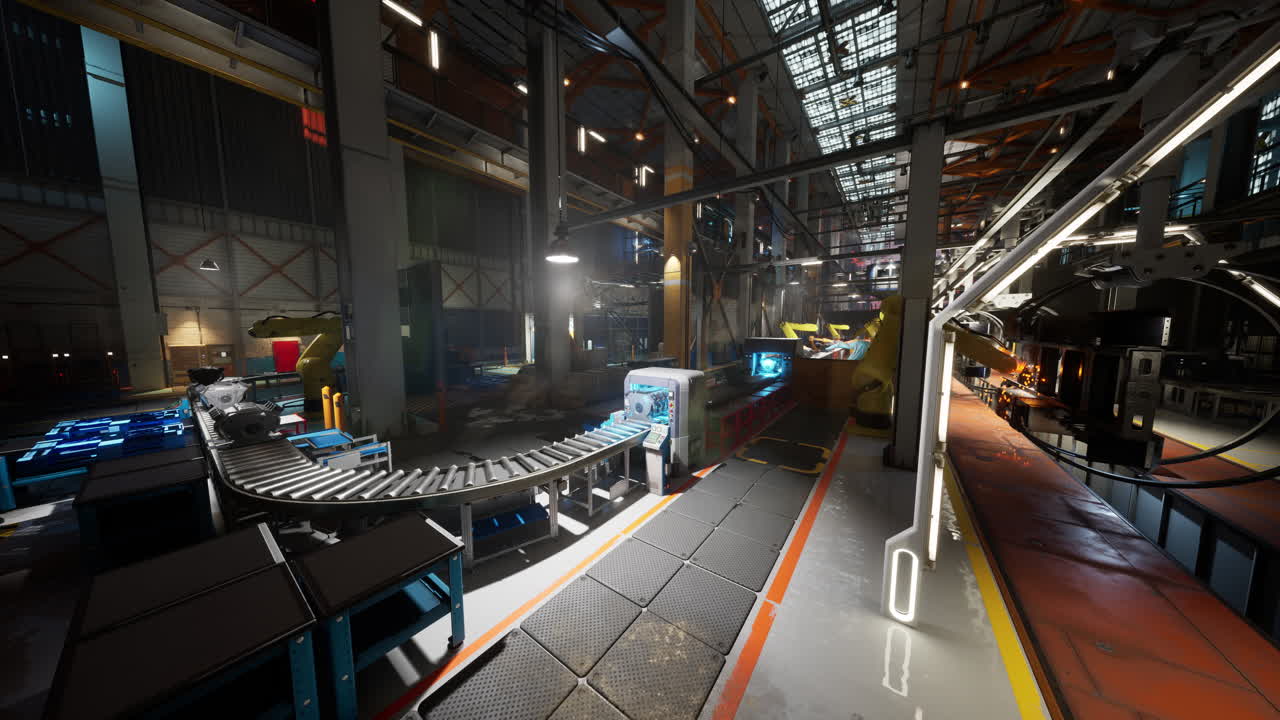 fábrica futurista con robótica y líneas de ensamblaje