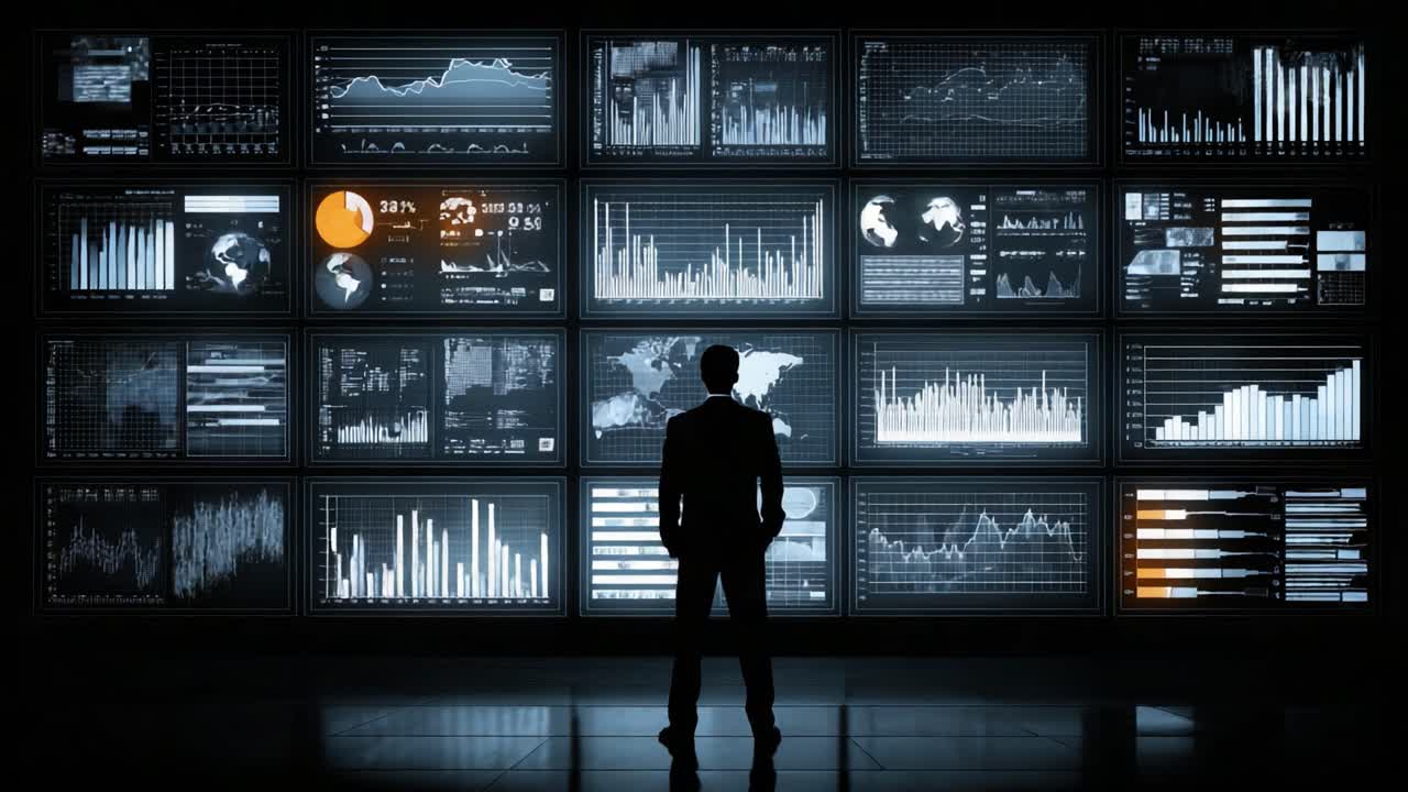 A Business Analyst Observing Data Analytics Dashboards: Insights and Trends Displayed on Multiple Screens in a Dimly Lit Environment