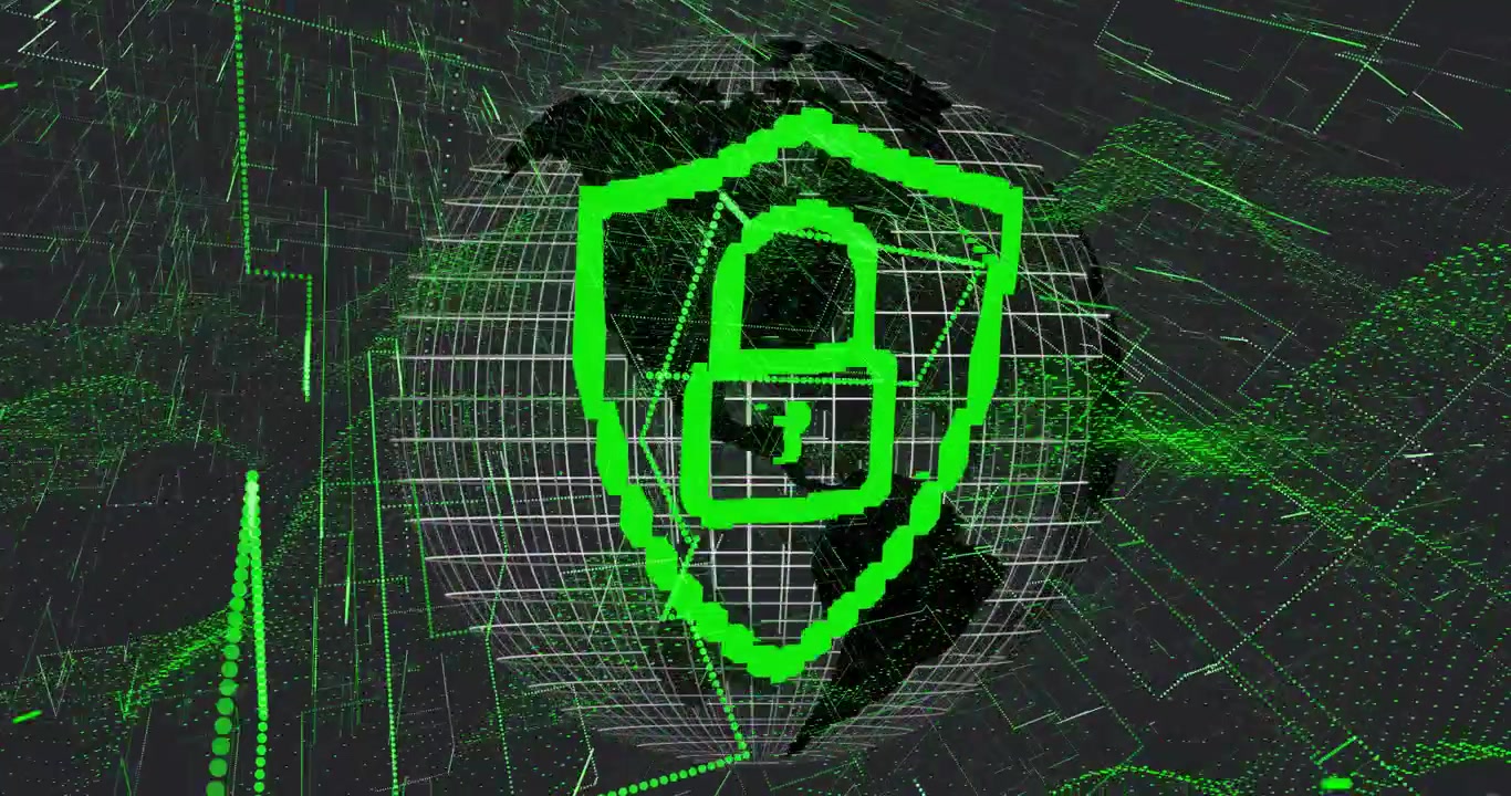 Escudo verde con candado creciendo sobre un globo terráqueo de estructura alámbrica, flujos de datos impulsando el bloqueo de seguridad