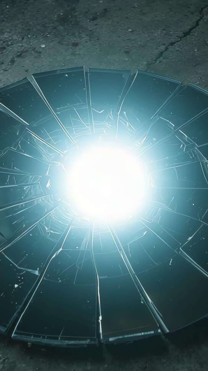 Vertical video: Bright light emerging beneath broken pane on pavement highlighting cracks