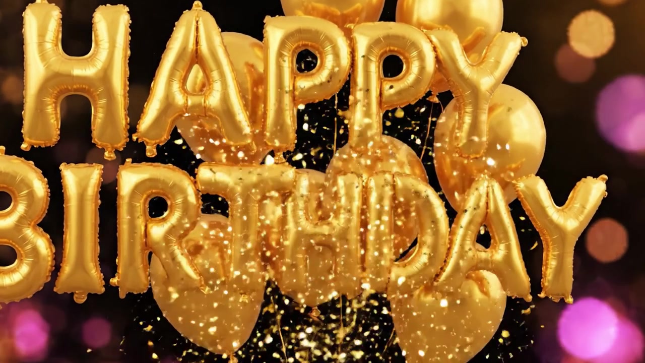 Una celebrazione festosa della vita con palloncini dorati e scintille per un memorabile evento di buon compleanno, pieno di gioia e felicità.
