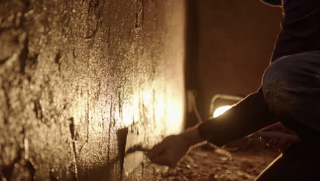 backlit golden silhouette plastering a wall with clay cu