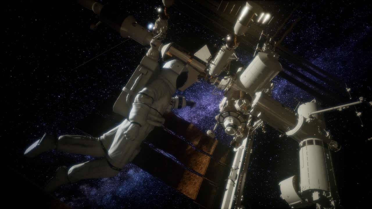 우주walk에서 국제 우주 정거장 밖의 우주인