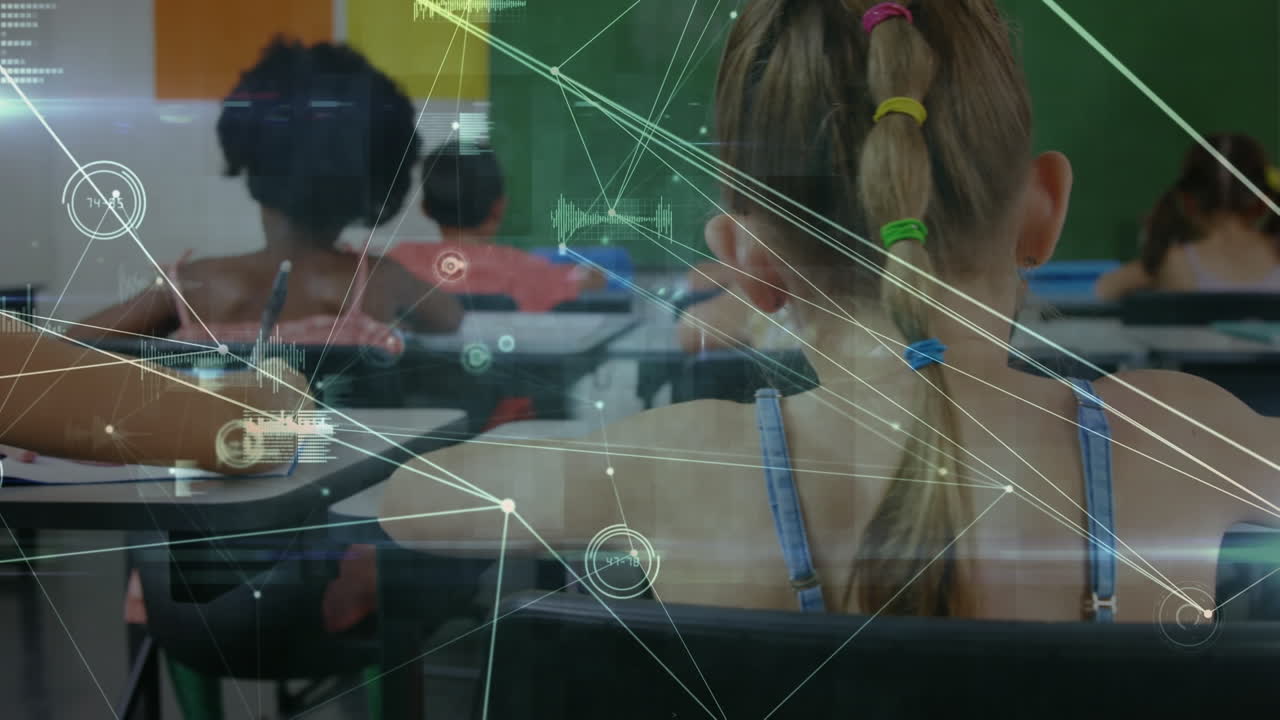 animación de la red de conexiones entre diversos escolares que aprenden en el aula