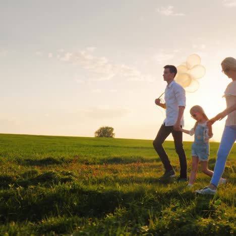 A-Woman-With-Children---Her-Son-And-Daughter-Walks-Through-The-Picturesque-Countryside