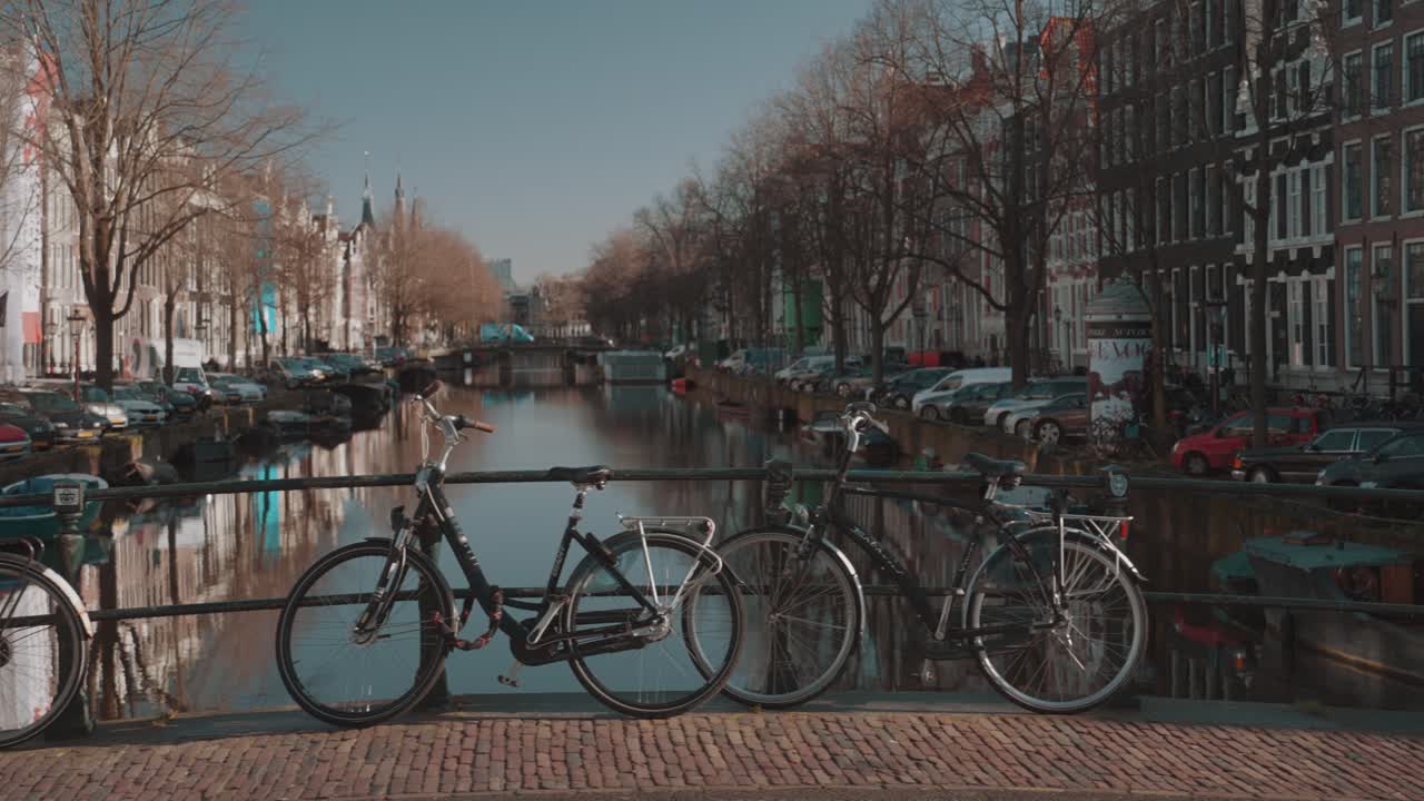 Amsterdam canal scene with bicycles