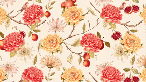 floral pattern with flowers, pomegranates, and birds