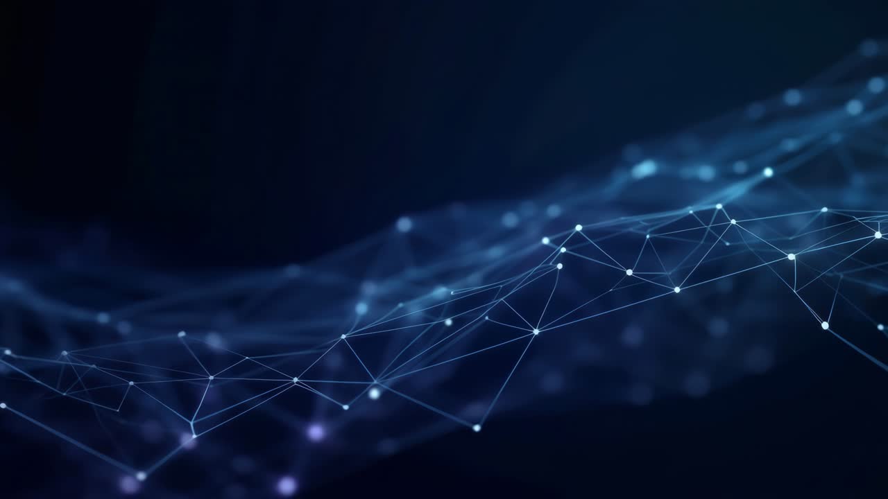 Abstract digital network with glowing nodes and lines, viewed from a low angle