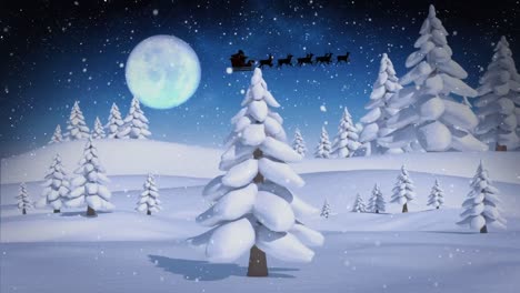 Animación-De-Santa-Claus-En-Trineo-Con-Renos-Sobre-Nieve-Cayendo-Y-Paisaje-Invernal