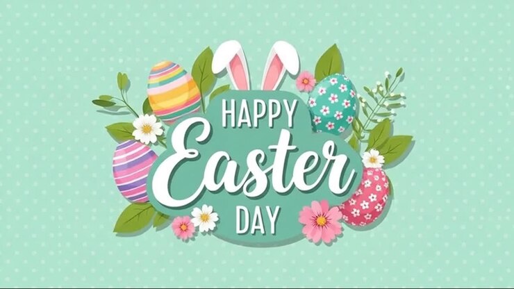 A green background with a white Easter bunny and a white flower