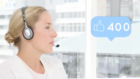 animation of digital icons over businesswoman using phone headsets