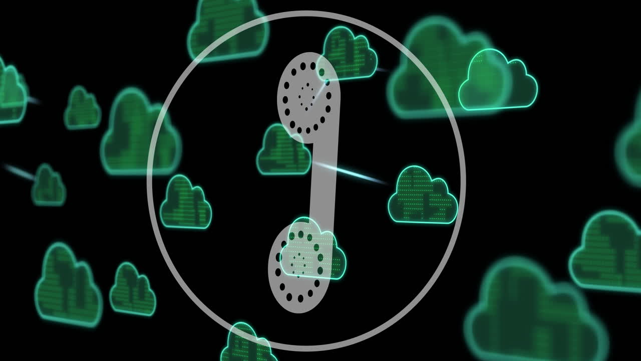 녹색 클라우드 컴퓨팅 상징 위에 회전 전화 수신기 아이콘 애니메이션