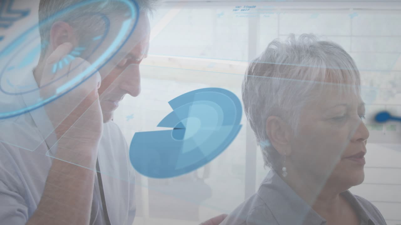 Doctor placing stethoscope on patient back, blue holo rotating and marking lung exam for diagnosis