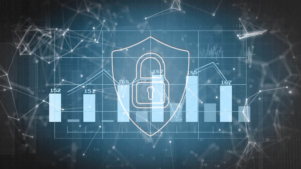 Opening frame starting bars and line animating behind shield padlock, visualizing security data