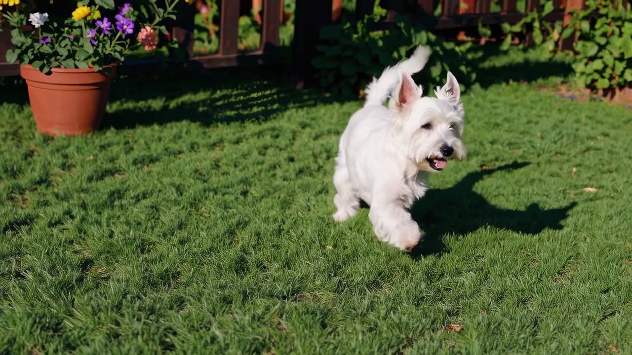 A playful West Highland Terrier runs on lush grass, captured from a low-angle
