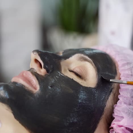 a specialist is spreading mask with brush on the face of the woman in the spa salon. beauty industry. close-up. blurred background.