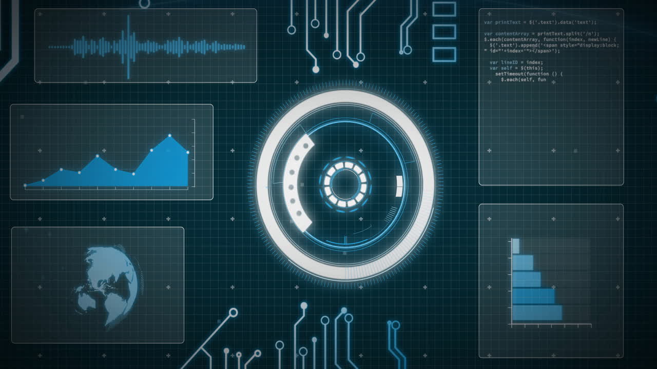 Animation of network of connections, data processing and scope scanning over black background