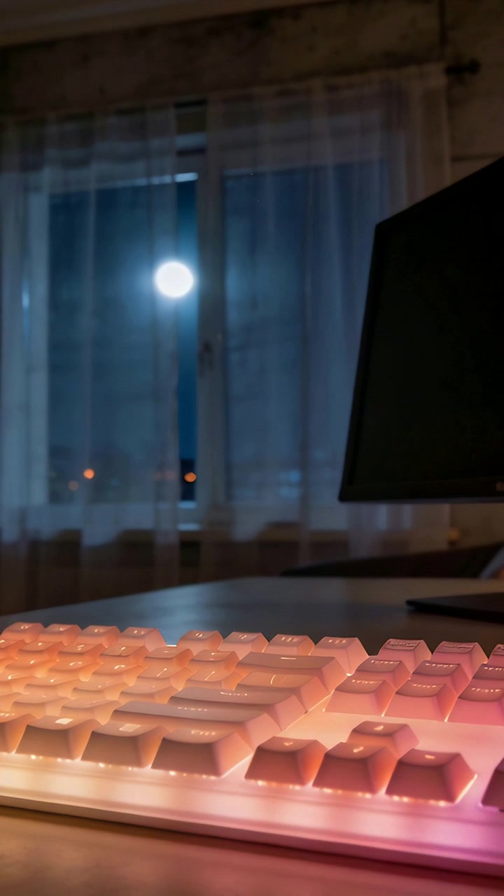 Video verticale: Tastiera meccanica RGB che cambia colore e pulsa sulla scrivania di notte mentre la luce della finestra sfarfalla.