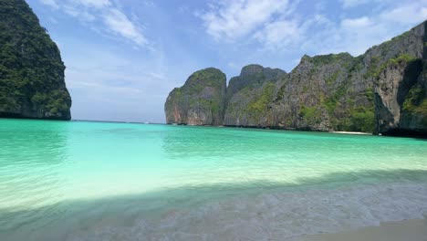 maya bay in phi phi islands national park, wave, sand beach, and beautiful crystal clear water at a popular tourist destination in krabi, southern of thailand