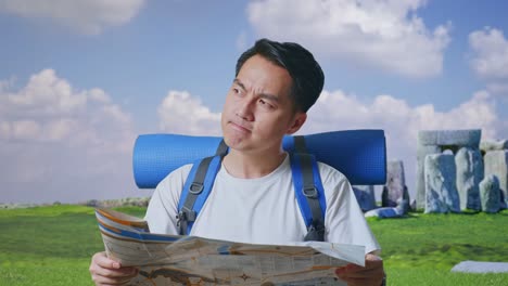 close up of asian male hiker with mountaineering backpack looking at the map then looking around while traveling in stonehenge