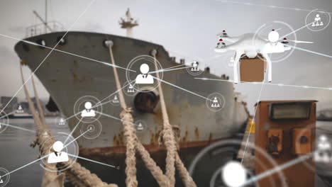 animación de la red de conexiones con iconos sobre el drone de entrega con paquete