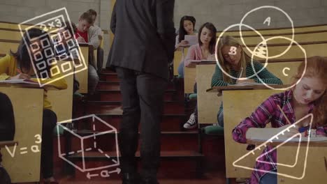 animation of mathematics equipment and diagrams over teacher and students in school exam room