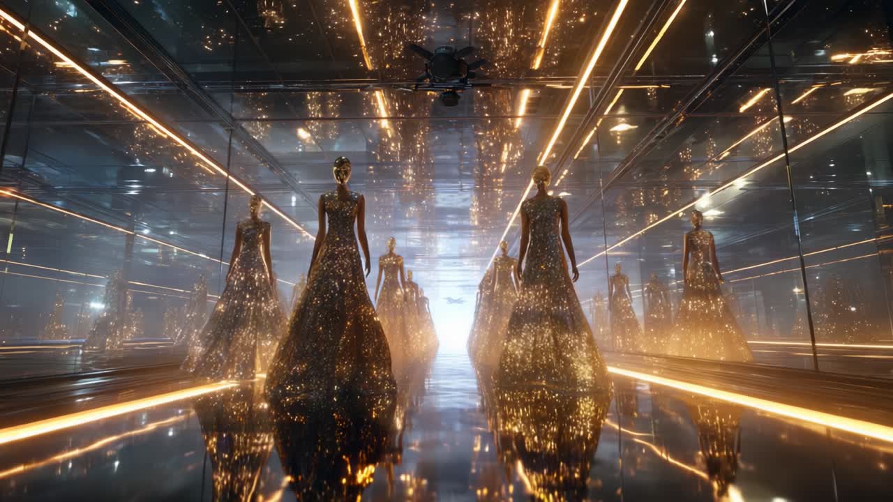 Futuristic Mirror Room with Golden Gowns