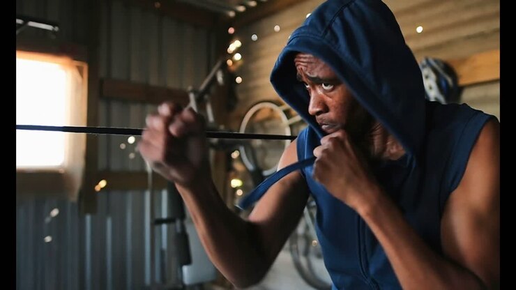 Pugile afroamericano che si allena nella boxe in una palestra 4K