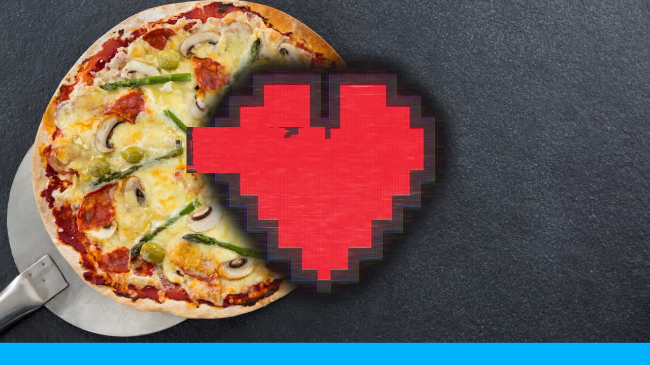 회색 배경에 피자 위에 반복되는 심장 아이콘과 피자 아이콘의 애니메이션