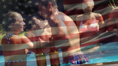 group of friends in a pool and the american flag